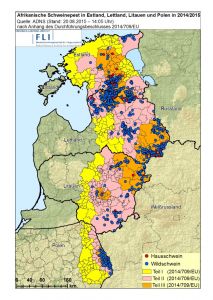 Afrikanische Schweinepest in Hausschweinebetrieben (rote Punkte) oder bei Wildschweinen (blaue Punkte) in Lettland, Litauen, Polen und Estland (Quelle: FLI)