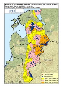 Afrikanische Schweinepest in Hausschweinebetrieben (rote Punkte) oder bei Wildschweinen (blaue Punkte) in Lettland, Litauen, Polen und Estland (Quelle: FLI)