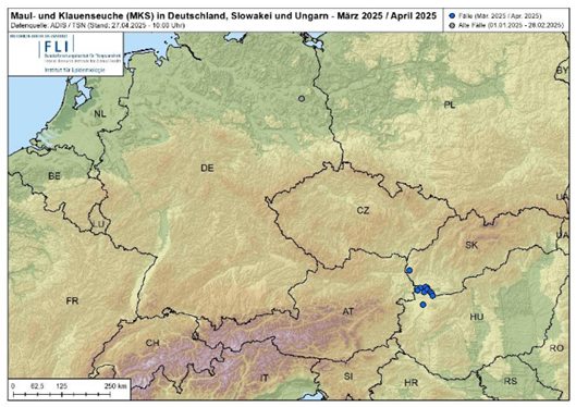 Lage des MKS-Ausbrüche in Europa (alle Serotyp O) seit Anfang 2025 (Karte: Radar Bulletin April 2025 ©BLV, FLI)