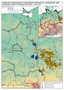 Karte: ASP in Deutschland seit September 2020, Stand 05.02.2021 © Friedrich-Loeffler-Institut (FLI)