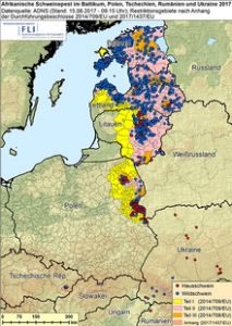Ausbreitung der Afrikanischen Schweinepest in Osteuropa (Stand: 15.08.2017, Quelle: FLI)