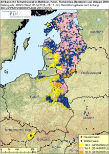 ASF im Baltikum, in Polen, der Tschechischen Republik, Rumänien und der Ukraine, Stand 03.04.2018, 08:15 Uhr (Quelle: FLI)