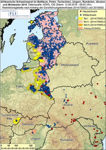 ASF im Baltikum, in Polen, der Tschechischen Republik, Ungarn, Rumänien, Ukraine und Moldawien in 2018, Stand 12.06.2018, 09:00 Uhr (Quelle: FLI)