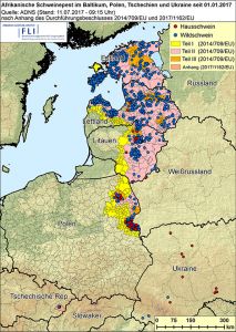 Ausbreitung der Afrikanischen Schweinepest in Osteuropa (Stand: 11.07.2017, Quelle: FLI)