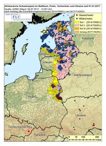 Ausbreitung der Afrikanischen Schweinepest in Osteuropa (Stand: 04.07.2017, Quelle: FLI)