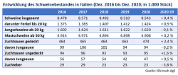 Entwicklung des Schweinebestandes in Italien (Dezember 2016 bis Dezember 2020; in 1.000 Stück) © AgE