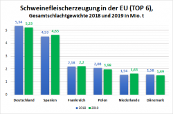 Schweinefleischerzeugung in der Europäischen Union 2018/2019 (Quelle: https://ec.europa.eu/eurostat/databrowser/view/tag00042/default/table?lang=de)
