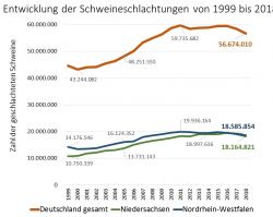 Entwicklung der Schweineschlachtungen in Deutschland, Niedersachsen und Nordrhein-Westfalen (Quelle: ISN nach destatis)