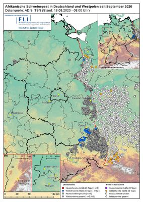 Karte: ASP in Deutschland und Westpolen seit September 2020, Stand 18.08.2023 ©FLI
