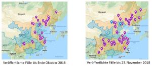 Vergleich der gemeldeten ASP-Fälle in China der OIE/MARA (Quelle: Google Maps)