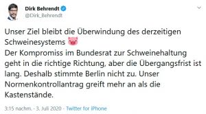 Dr. Dirk Behrendt ledert gegen die Schweinehaltung (Quelle: Screenshot Twitter)