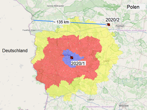 Kurz hintereinander waren zwei Hausschweinebestände in Polen von der ASP betroffen. (Quelle: https://bip.wetgiw.gov.pl/asf/mapa/)