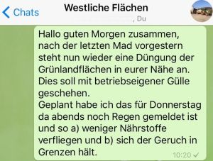 Beispiel einer gesendeten Whatsapp-Nachricht (Screenshot: Privat/Forum Moderne Landwirtschaft)