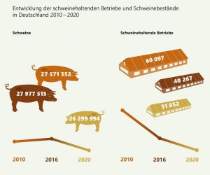 Landwirtschaftszählung: Entwicklung der schweinehaltenden Betriebe und Schweinebestände in Deutschland 2010-2020 (Quelle: Destatis, https://www.giscloud.nrw.de)