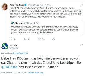 Die Thüringer Zeitung hat gegenüber der ISN bestätigt, dass das Zitat der Ministerin im Bericht richtig wiedergegeben wurde. (Quelle: Screenshot Twitter)