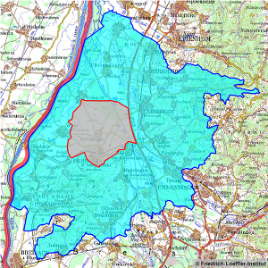 Die Restriktionszonen rund um die Gemeinde Forchheim in Baden-Württemberg nahe der deutsch-französischen Grenze.