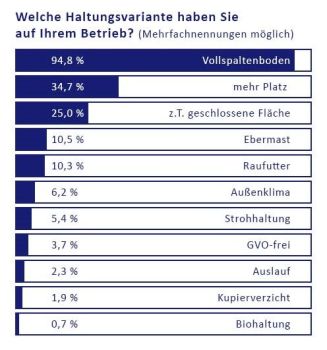 Ca. 35 % der Befragten geben an, ihren Schweinen schon heute mehr Platz als die gesetzlich vorgegebene Mindestfläche zu geben. Aber auch die Stichworte Raufutter, Stroh und Außenklima wurden sehr oft genannt