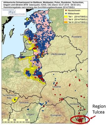 ASP im Baltikum, in Polen, der Tschechischen Republik, Ungarn, Rumänien, Ukraine und Moldawien in 2018, Stand 03.07.2018, 08:50 Uhr (Quelle: FLI)