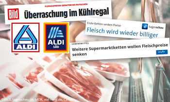 ALDI Nord und ALDI SÜD haben die Preise für verschiedene Frischfleischprodukte teils erheblich gesenkt.