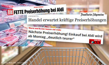 Die vom LEH angekündigten Erhöhungen der Lebensmittelpreise, beherrschen vor dem Wochenende die Schlagzeilen in den Medien (Bild ©Canva, BILD, FAZ, Focus Online)