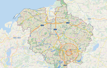 Rund um den betroffenen Betrieb wurde im Radius von 3 km eine Sperrzone und im Radius von 10 km ein Beobachtungsgebiet eingerichtet ©https://www.landkreis-rostock.de/landkreis/kreisverwaltung/katasteramt/kartenthemen/tierseuchen.html