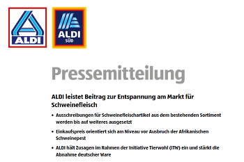 Screenshot der heutigen ALDI-Pressemitteilung (© https://www.aldi-nord.de/content/dam/aldi/germany/corporate/presse/20210903_Pressemitteilung_ALDI_Schweinepreis.pdf)