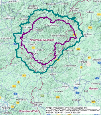 Karte des Friedrich-Loeffler-Instituts (FLI) über die ASP-Sperrzonen I (grün) und II (lila) in Nordrhein-Westfalen, Hessen und Rheinland-Pfalz ©https://visualgeoserver.fli.de