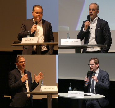 Auf dem Podium: Steffen Reiter von German Meat, Markus vom Stein von der REWE-Group, Dr. Gerald Otto von der Goldschmaus Gruppe, Dr. Bernhard J. Simon von Simon-Fleisch ©ISN