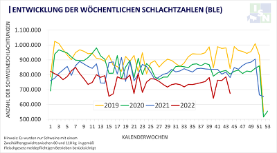 Von Januar bis September 2022 nahmen die Schweineschlachtungen im Vergleich zum Vorjahreszeitraum um 9,0 % ab