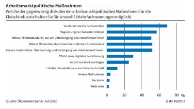 Um Arbeitsbedingungen zu verbessern, halten 69 Prozent der Befragten verstärkte staatliche Kontrollen für am wirkungsvollsten (Quelle: https://www.ifo.de/)