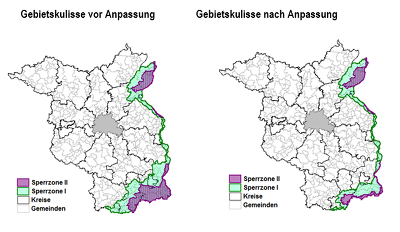 Gebietskulisse zur Bekämpfung der ASP bei Wildschweinen in Brandenburg vor und nach der jüngsten Anpassung ©MLEUV