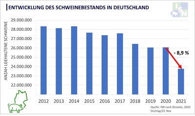 In nur einem Jahr verringerte sich der Schweinebestand in Deutschland um fast 9%. ©ISN nach Destatis, 2022