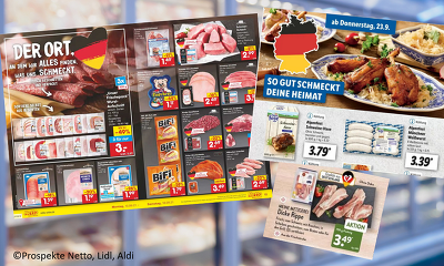 Aktuell werben u.a. Netto, Lidl und Aldi mit Fleisch deutscher Herkunft ©aktuelle Werbeprospekte Netto, Lidl, ALDI