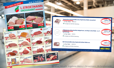 Aktuelle Angebote verschiedener Großhändler zeigen: die Hekrunft des angebotenen Schweinefleischs wird häufig nicht angegeben. ©Canva, Aktuelle Angebote Metro, L.Stroetmann, SB-Zentralmarkt