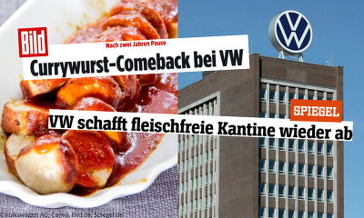 Eine Schlagzeile beherrscht diese Tage die Titelseiten: Die Currywurst kehrt in die VW-Kantine im Markenhochhaus in Wolfsburg zurück. ©Volkwagen AG, Canva, Bild.de, Spiegel.de