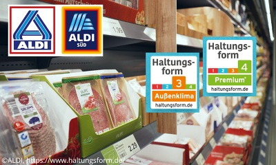 ALDI erweitert seine Ziele in Sachen Tierwohl. Ab 2030 soll es neben dem Frischfleisch auch Fleisch- und Wurstwaren nur noch aus den Haltungsstufen 3 und 4 geben. ©ALDI, haltungsform.de