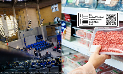 Der Bundestag hat entschieden: Die Tierhaltungskennzeichnung muss erst im März 2026 umgesetzt werden ©Deutscher Bundestag/Thomas Trutschel/photothek, BMEL, Canva