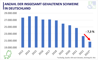 Innerhalb des letzten Jahres ist die Anzahl der gehaltenen Schweine in Deutschland um 7,3 % zurückgegangen. ©ISN nach Destatis, Stand 03. Mai 2023