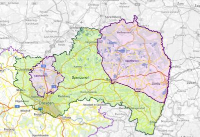 Neu festgelegte Restritkionszonen um den Fundort im Landkreis Meißen in Sachsen (Quelle: https://geoviewer.sachsen.de/mapviewer/index.html?map=4b07b759-1b2a-4c9e-a7f2-ae803c1e89f4)