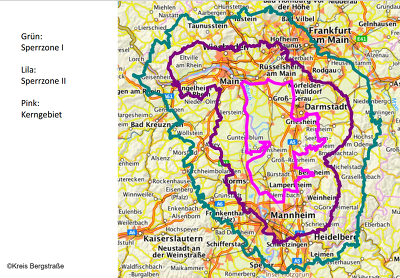 Aktuelle ASP-Sperrzonen in Hessen (Karte: www.kreis-bergstrasse.de)