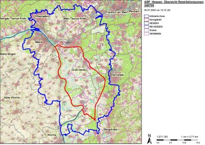 Übersicht der ASP-Restriktionszonen in Hessen ©Kreis Groß-Gerau: https://www.kreisgg.de/ordnung/verbraucherschutz/afrikanische-schweinepest-im-kreis-gross-gerau