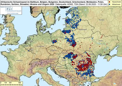 Karte: ASP im Baltikum, in Belgien, Bulgarien, Deutschland, Griechenland, Moldawien, Polen, Rumänien, Serbien, der Slowakei, der Ukraine und Ungarn, Stand 22.09.2020 (Quelle: FLI)