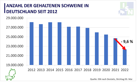 Innerhalb von einem Jahr ist die Anzahl der gehaltenen Schweine in Deutschland um 9,6 % zurückgegangen. ©ISN nach Destatis