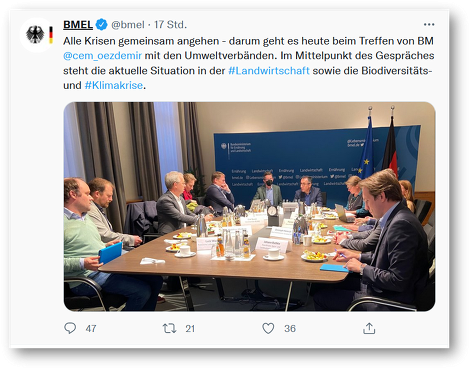 Wie dieser Tweet zeigt, trifft sich Bundeslandwirtschaftsminister Cem Özdemir mit Umweltverbänden und diskutiert über Krisenbewältigung in der Landwirtschaft, während er die Schweinehalter in Niedersachsen im Regen stehen lässt. ©Twitter/BMEL