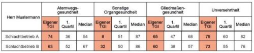 Muster eines Berichts zum TGI – Indices für die Lieferungen an verschiedene Schlachtbetriebe (Bildquelle: QS)