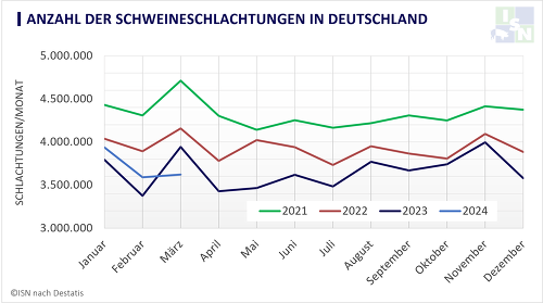 Im ersten Quartal 2024 bewegten sich die Schweineschlachtungen in Deutschland auf Vorjahresniveau. ©Eigene Darstellung nach Destatis