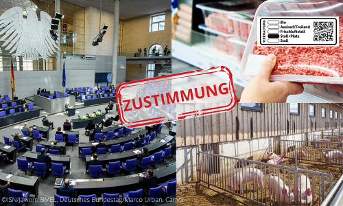 Der Bundestag hat heute ein verbindliches Siegel für frisches Schweinefleisch beschlossen. Ebenfalls angenommen wurde ein Gesetzentwurf zur Änderung des Baugesetzbuchs. ©BMEL, Deutscher Bundestag/Marco Urban, ISN/Jaworr, Canva