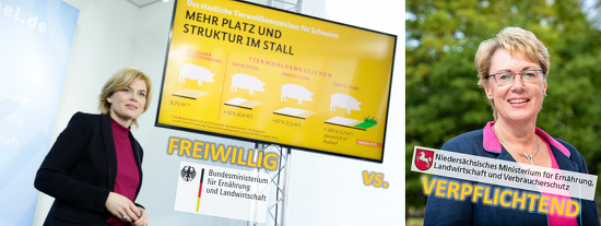 Haltungskennzeichnung für Fleisch: Freiwillig vs. Verpflichtend (Bildquellen: https://www.bmel.de https://www.ml.niedersachsen.de)